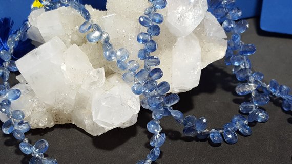 Blue Kyanite Gemstone Faceted Flat Drop Beads Briolette, 8" Full Strand, Semi Precious Gemstone, Kyanite Bead, Blue Gemstone Beads, Genuine