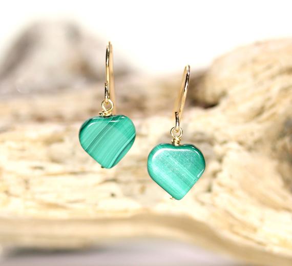 Malachite Earrings - Heart Earrings - Mothers Day Earrings - Love Earrings - Green Malachite - Wedding Earrings
