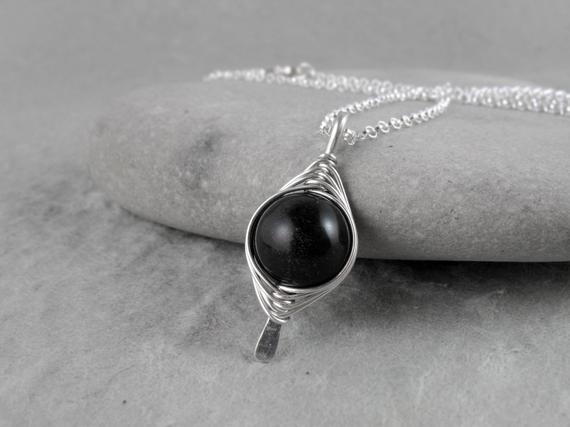 Golden Obsidian Necklace, Wire Wrapped Pendant, Chakra Necklace Gift, Everyday Black Gemstone Pendant, Silver Herringbone Wrapped Obsidian