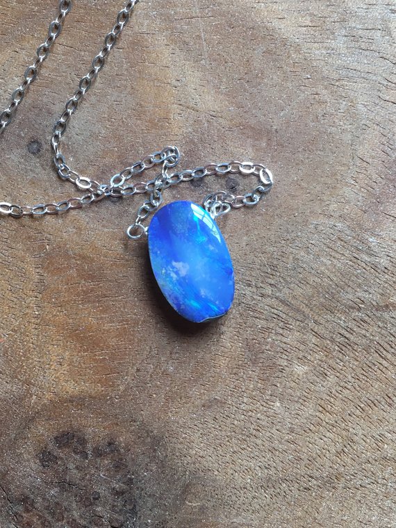 Blue Opal Pendant Necklace On Sterling Silver Chain  - October Birthstone Necklace - Opal Necklace - Opal Jewelry