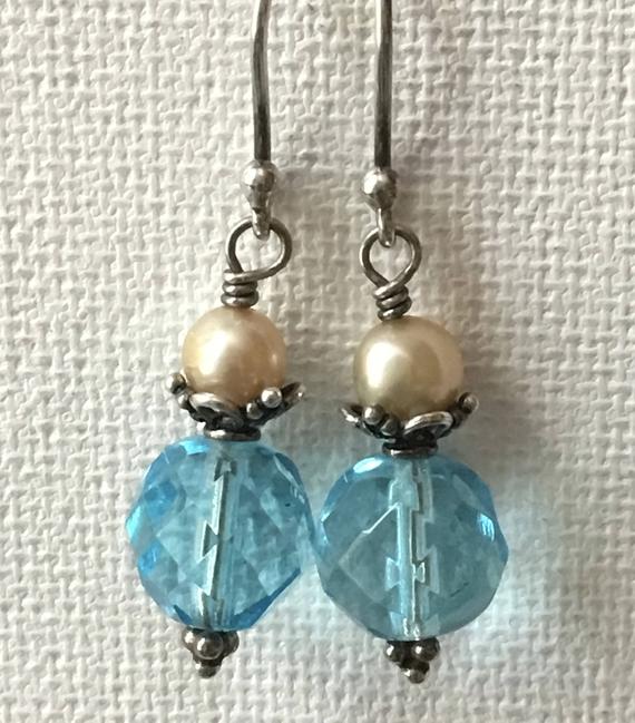 Crystal Earrings, Vintage Crystal Earrings, Blue Crystal Earrings, Pearl Earrings, Silver Earrings, Sparkly Earrings, Victorian Style