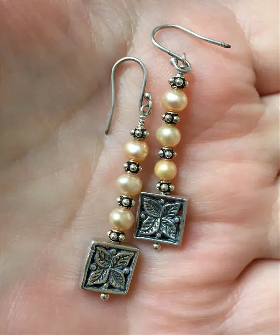 Pearl Earrings, Silver Earrings, Freshwater Pearls, Silver Leaf Charm, Dangle Earrings, Silver Charm Earrings, Boho Earrings, Boho Jewelry