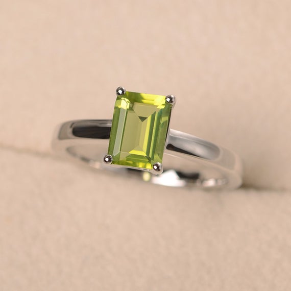 Green Peridot Ring, August Birthstone Ring, Emerald Cut Ring, Promising Ring For Her, Solitaire Ring