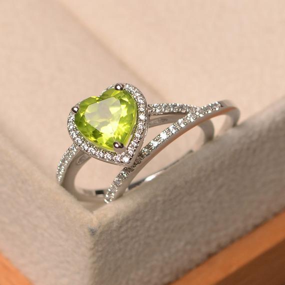 Green Peridot Ring, August Birthstone, Heart Cut Halo Ring, Bridal Sets, Sterling Silver Wedding Ring