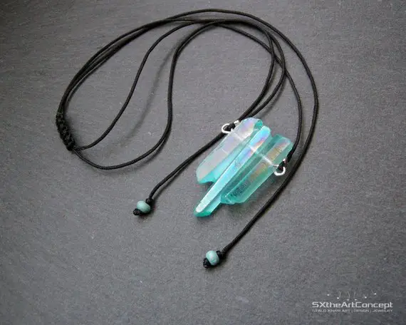 Aqua Aura Pendant, Quartz Triple Point, Unisex Amulet Necklace, Success Stone, Boho Gift, For Her Or Him, Yoga Men Jewelry