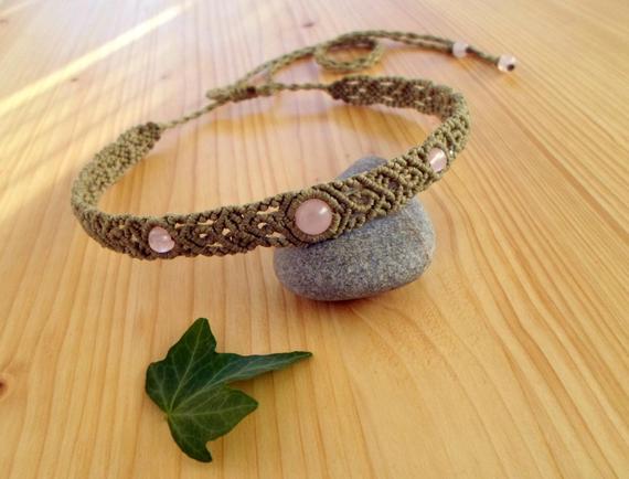 Macrame Choker, Rose Quartz Necklace, Macrame Jewelry, Rose Quartz Choker, Macrame Necklace, Gemstone Choker, Macrame Headband