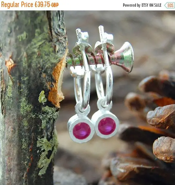 Ruby July Birthstone Silver Hoop Earrings, Silver Hoops, Gemstone Hoops, Ruby Earrings, Hoop Earrings With Charm, Anniversary Gift