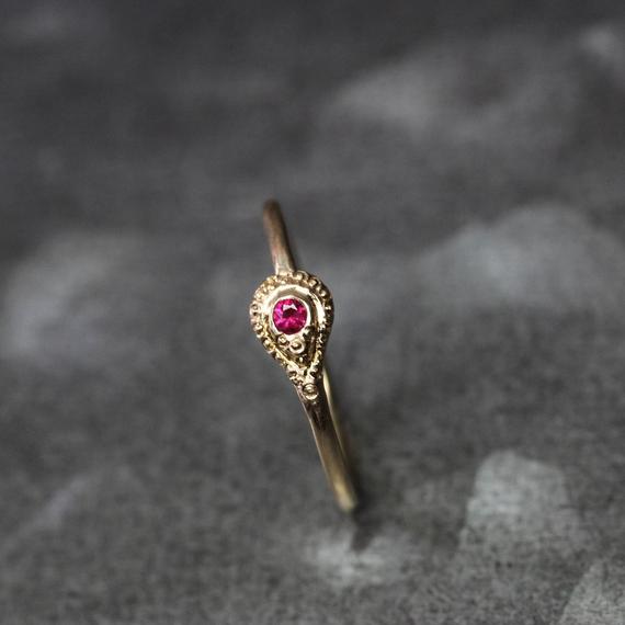 Tiny Red Ruby 14k And 22k Yellow Gold India Inspired Snake Ring Ornate Beaded Detail Warm Colors Delicate July Birthstone Band - Lil Cobra