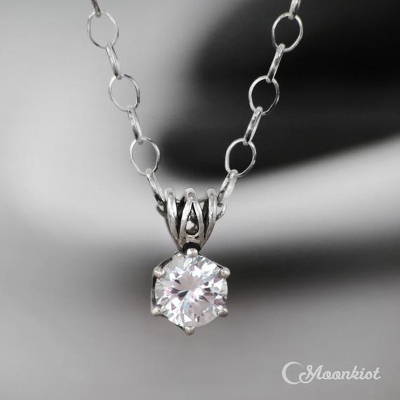 White Sapphire Necklace, Sterling Silver White Sapphire Pendant Necklace, White Single Stone Necklace | Moonkist Designs