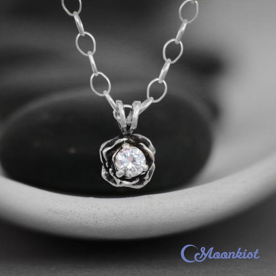 White Sapphire Necklace, Sterling Silver Rose Pendant Necklace, Dainty Floral Necklace, White Gemstone Pendant | Moonkist Designs