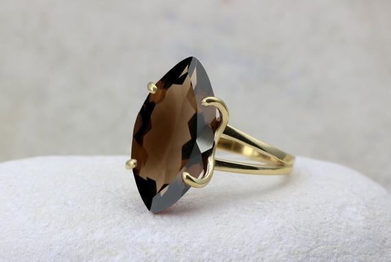 Smoky Quartz Ring · Long Ring · Gold Ring · Marquise Ring · Gemstone Ring · Double Band Ring · Cocktail Ring For Women