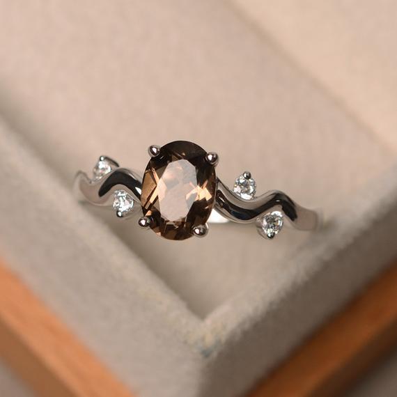 Smoky Quartz Ring, Sterling Silver Ring, Oval Shape Brown Gemstone Ring