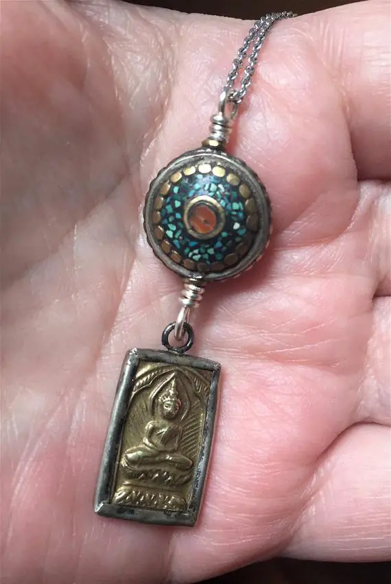 Buddha Talisman, Buddha Necklace, Mosaic Pendant, Turquoise Pendant, Coral Pendant, Silver Pendant, Spiritual Jewelry, Buddhist Jewelry