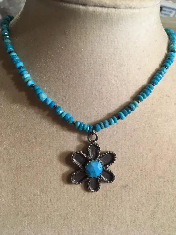 Sleeping Beauty Turquoise Necklace - Oxidized Sterling Silver Jewelry - Flower Pendant Jewellery - Beaded - Jewelrybycarmal