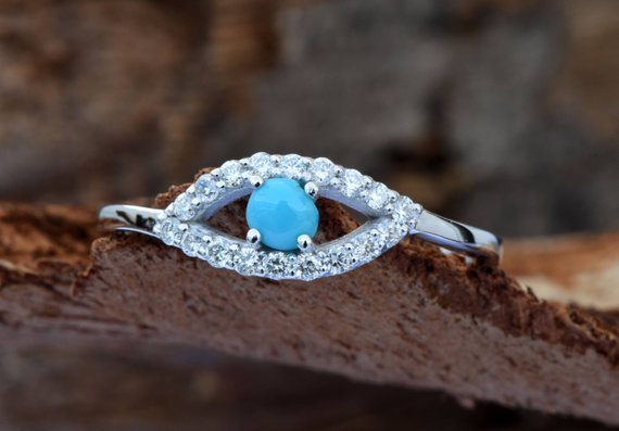 Turquoise Rings- Evil Eye Ring In 14k White Gold