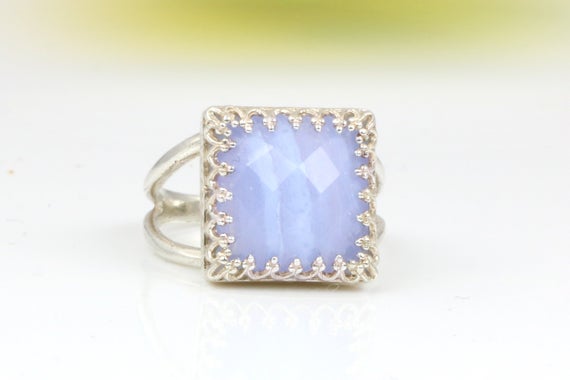 Lace Agate Ring · Square Ring · Silver Ring · Gemstone Ring · Blue Agate Ring · Natural Stone Ring · Mom Gift · Mom Ring