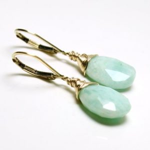 Amazonite Earrings Gold Filled wire wrapped natural mint green gemstone minimalist simple dangle drops holiday gift for her women 5388 | Natural genuine Amazonite earrings. Buy crystal jewelry, handmade handcrafted artisan jewelry for women.  Unique handmade gift ideas. #jewelry #beadedearrings #beadedjewelry #gift #shopping #handmadejewelry #fashion #style #product #earrings #affiliate #ad