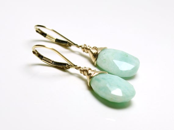 Amazonite Earrings Gold Filled Wire Wrapped Natural Mint Green Gemstone Minimalist Simple Dangle Drops Holiday Gift For Her Women 5388