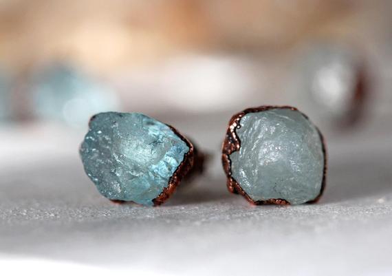 Aquamarine Post Earrings - Raw Crystal Earrings - Crystal Stud Earrings - March Birthstone Jewelry