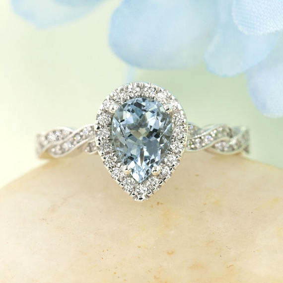 14k Pear Aquamarine Diamond Bridal Ring / Aquamarine Engagement Ring / Diamond Bridal Ring / Anniversary Ring / White Gold / Bridal Ring