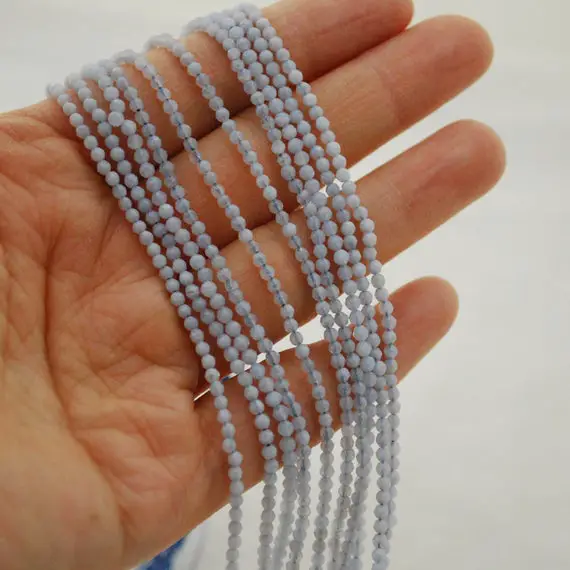 High Quality Grade A Natural Blue Lace Agate Semi-precious Gemstone Faceted Round Beads - Approx 2mm - 15.5" Strand