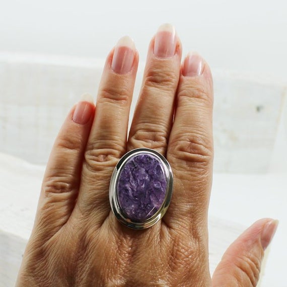 Gorgeous Purple Charoite Ring, Oval Charoite Silver Ring Sterling Silver Charoite Jewelry Russian Charoite All Natural Charoite Purple