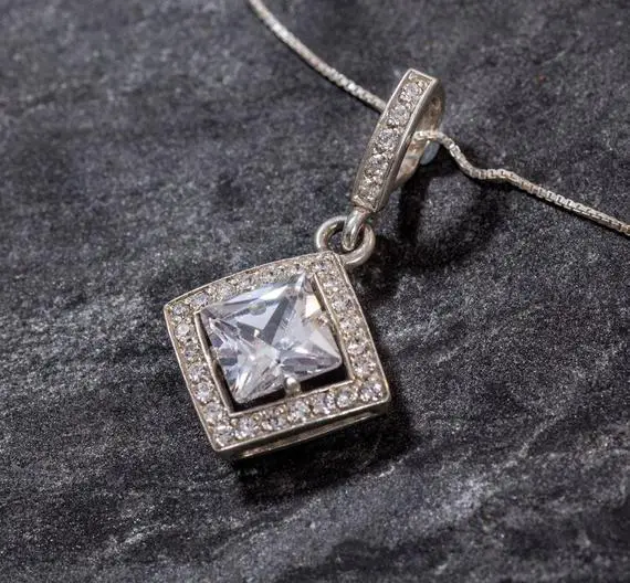 Sparkly Pendant, Diamond Pendant, Created Diamond, Square Pendant, Bridal Pendants, Clear Stone Pendant, Vintage Pendant, 925 Silver Pendant