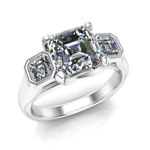 Diamond Engagement Ring, 3-stone With Asscher Cut Diamonds — Bold Unisex Design