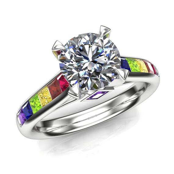 Gay Engagement Ring | One-carat Diamond, Round, With Pride Rainbow Gemstones