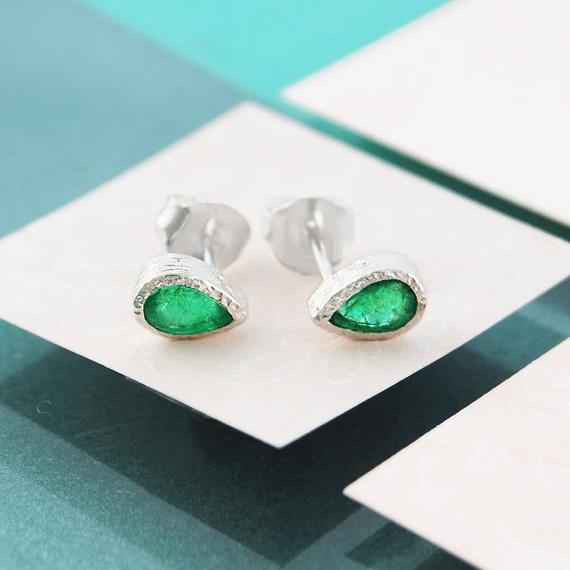 Emerald Sterling Silver Teardrop Stud Earrings, Gemstone Earrings, Cute Earrings, Natural Emerald Earrings, Handmade Earrings