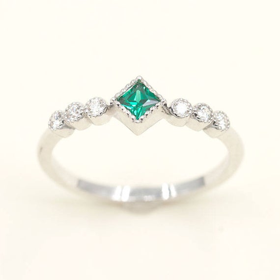 14k Natural Princess Emerald Diamond Wedding Ring / Emerald Engagement Ring / Minimalist Ring / Diamond Ring / White Gold / Promise Ring