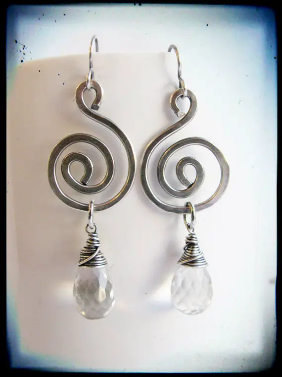 Micro Faceted Prasiolite And Hammered Silver Swirls Earrings