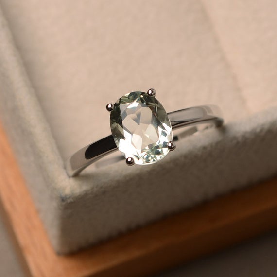 Green Amethyst Engagement Ring, Sterling Silver Ring, Oval Shape Solitaire Ring, Anniversary Ring