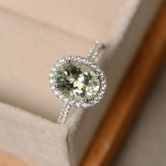 Green Amethyst Ring, Halo Engagement Ring, Oval Cut, Sterling Silver Green Amethsyt