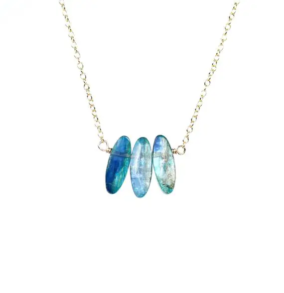 Kyanite Necklace - Bar Necklace - Crystal Necklace - Three Stone Necklace - Blue Stone Necklace