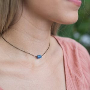 Shop Kyanite Necklaces! Tiny raw rough blue kyanite crystal nugget choker necklace in gold, silver, bronze or rose gold – 14" chain with 2" adjustable extender | Natural genuine Kyanite necklaces. Buy crystal jewelry, handmade handcrafted artisan jewelry for women.  Unique handmade gift ideas. #jewelry #beadednecklaces #beadedjewelry #gift #shopping #handmadejewelry #fashion #style #product #necklaces #affiliate #ad