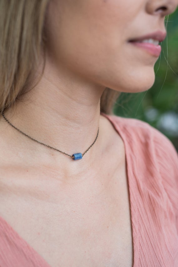 Tiny Raw Rough Blue Kyanite Crystal Nugget Choker Necklace In Gold, Silver, Bronze Or Rose Gold. Adjustable Length. Handmade To Order.