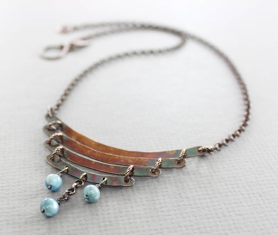 Tribal Copper Necklace With Kyanite Fringe, Cascade Necklace, Ladder Necklace, Tribal Necklace, Everyday Necklace, Curve Necklace, Nk072