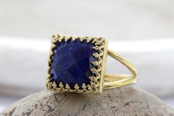Gold Lapis Ring · September Birthstone Ring · Lapis Lazuli Ring · Square Ring · Gemstone Ring · Navy Blue Ring · Cocktail Ring For Women