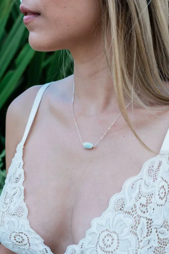 Small Raw Light Blue Larimar Crystal Nugget Necklace In Gold, Silver, Bronze Or Rose Gold - 16" Chain With 2" Adjustable Extender