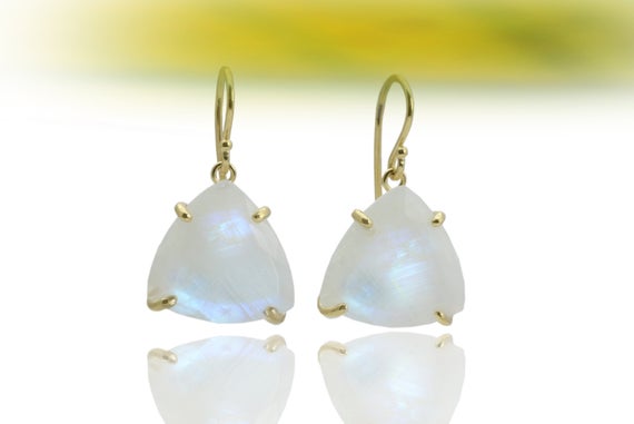 Trillion Cut Rainbow Moonstone Earrings · Gold Dangle Earrings · June Birthstone Earrings · Triangle Earrings · Bridal 18k Vermeil Earrings