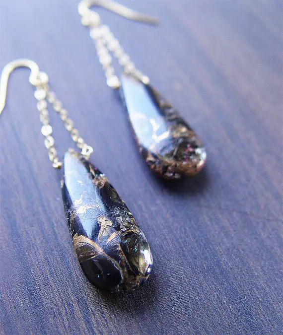 Obsidian Gold Chain Drop Earrings