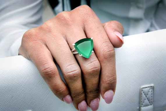 Silver Triangle Ring · Sterling Silver Ring · Cocktail Ring · Gemstone Ring · Green Trillion Ring · Green Onyx Ring · Rings For Women