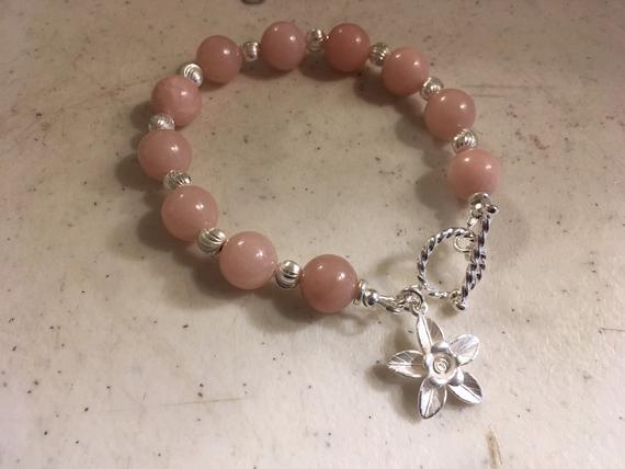 Opal Bracelet - Pink Gemstone Jewelry - Sterling Silver Jewellery - October Birthstone - Beaded - Flower Charm - Jewelrybycarmal - Handmade