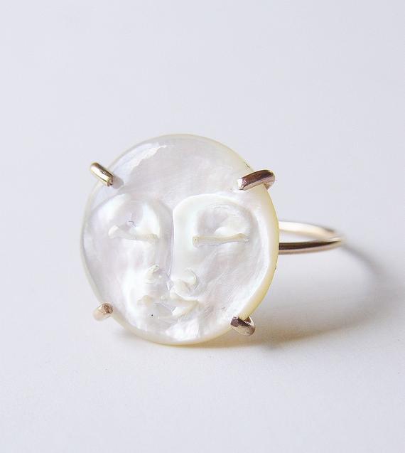 Pearl Moon Face Gold Ring. Man In The Moon Pearl Ring