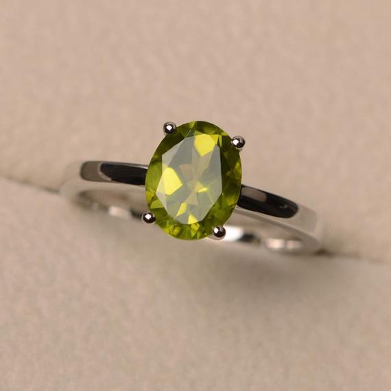 Green Peridot Ring, August Birthstone Ring, Oval Cut Silver Ring, Proposal Ring For Women