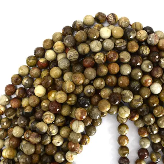 10mm Faceted Petrified Wood Agate Round Beads 15" Strand S1 39419