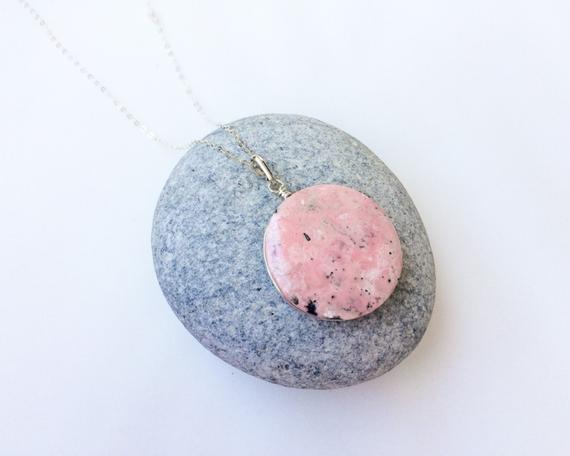 Rhodochrosite Silver Pendant, Sterling Silver Pendant, Pink Natural Stone, Round Shape Rhodochrosite, Round Pink Gemstone Pendant, Baby Pink