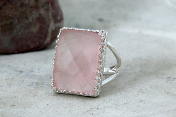 Rose Quartz Ring · Love Stone Ring · Silver Ring · Rectangular Ring · Pink Quartz Ring · Pink Ring · Semiprecious Ring