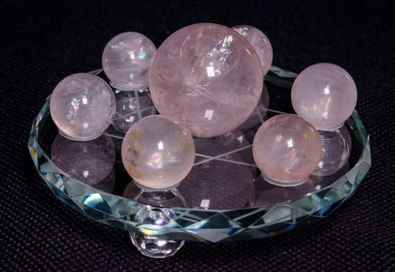 Natural Seven Rainbow Rose Quartz Spheres Set With Base/flower Of Life Sacred Geometry/meditation/lucky Stone/feng Shui/chakra/-1set-#4284